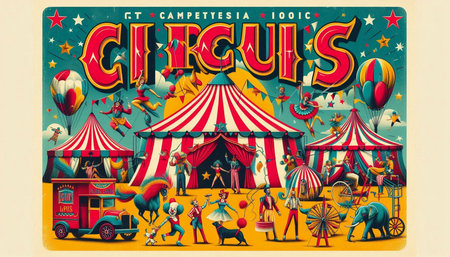 Vintage circus poster with circus theme. Illustration on circus theme.