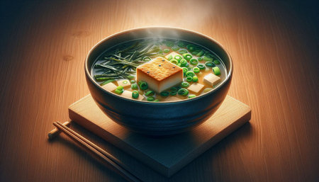 Japanese miso soup with tofu and green peas on a wooden table