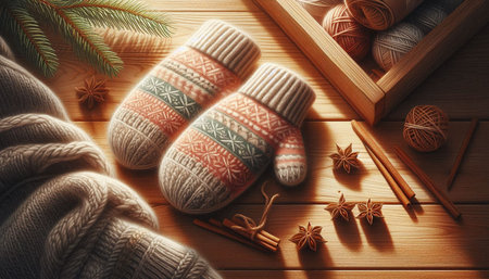 Woolen socks with knitting needles and Christmas decorations on wooden background