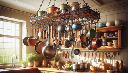 Kitchen interior with pots and pans hanging on the wall. 3d rendering
