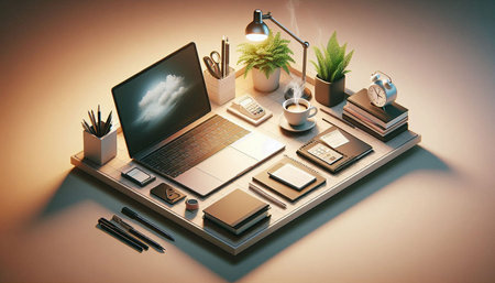 Top view of office desk with laptop, coffee cup, notebook and other items. 3D Rendering