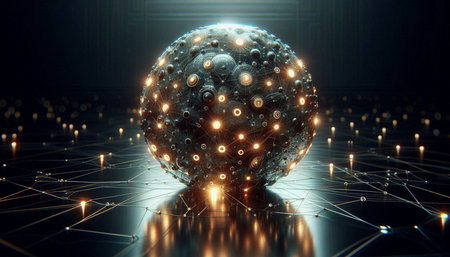 3D rendering of abstract sphere consisting of binary code on black background
