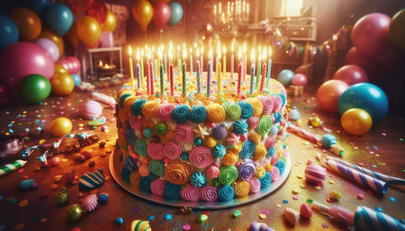 Birthday cake with candles and colorful balloons on a wooden table.