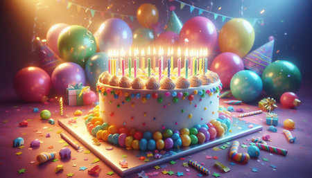 Birthday cake with burning candles and colorful balloons, confetti and gift box.
