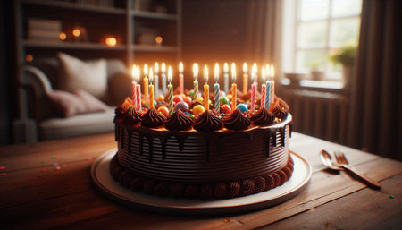 Birthday cake with burning candles on wooden table. Selective focus