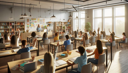 Group of students in a classroom. Education concept. 3d rendering
