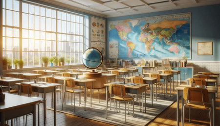 Interior of a school classroom with a globe. 3d rendering