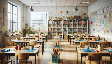 School classroom interior with bookshelves, table, chairs and bookcases