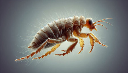 3d illustration of a common flea on a gray background.