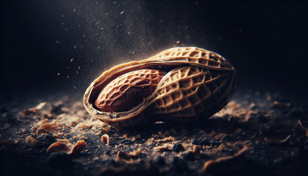 Peanut in a shell on a dark background. Selective focus.