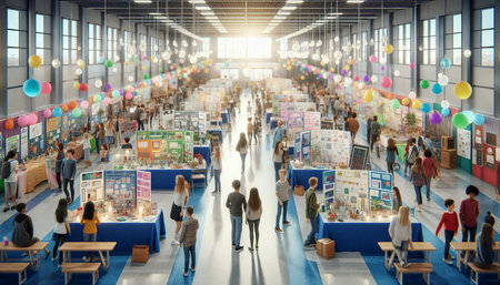 Group of people standing in the hall of a modern office, education concept
