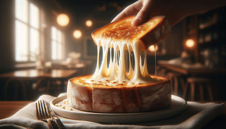 Woman's hand squeezes cheese on a dish. Selective focus.