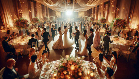 Wedding couple and bridesmaids at the banquet hall