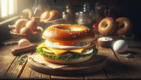 Bagel with cheese, cucumber and lettuce on wooden table