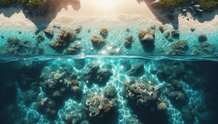Underwater view of tropical coral reef. Seascape. 3d render