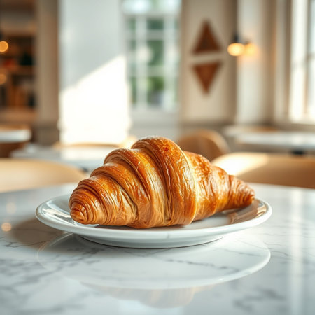Freshly baked croissant on white marble table in modern kitchen