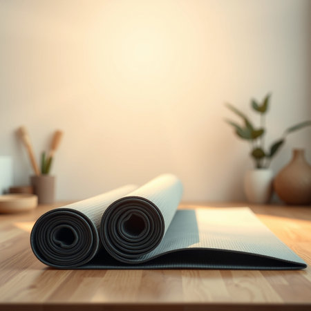 Yoga mat on wooden table in living room. Mock up, 3D Rendering