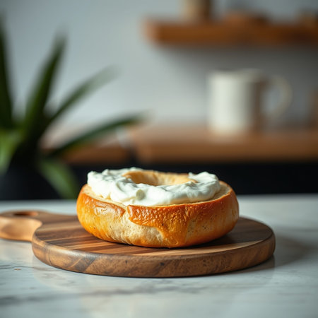 Bagel with cream cheese on a wooden board in the kitchen