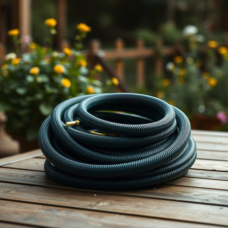 garden hose on a wooden table in the garden, stock photo