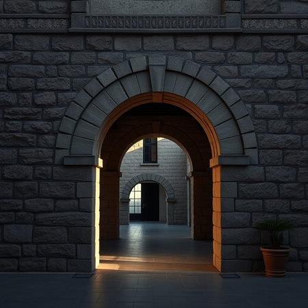3D render of an entrance to an old building with a stone door