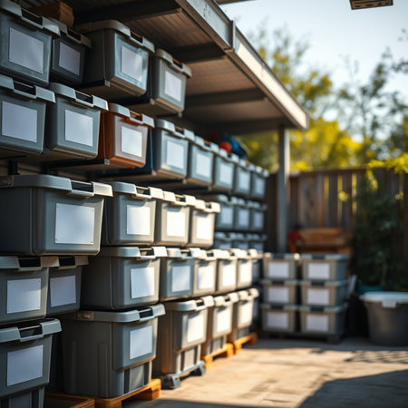 Plastic boxes for recycling in the garden. Selective focus.