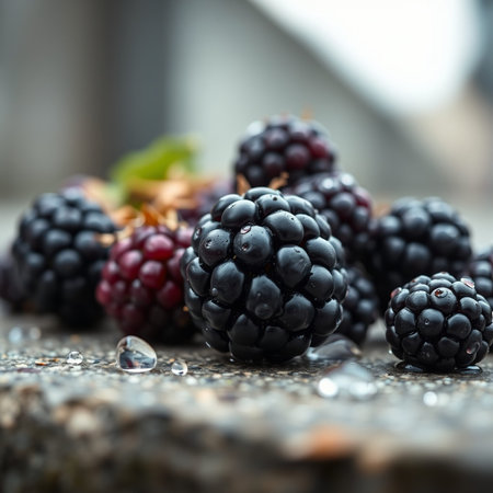 Fresh blackberries with water drops on rustic wooden background, selective focus