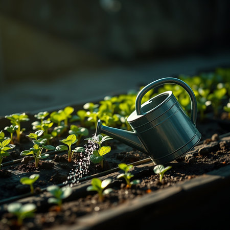 watering can and seedlings in the garden on a sunny day