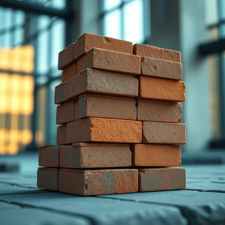 Stack of red bricks on the floor. 3d render. Construction concept.