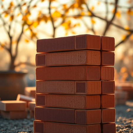 Pile of bricks on the ground against the background of the sun