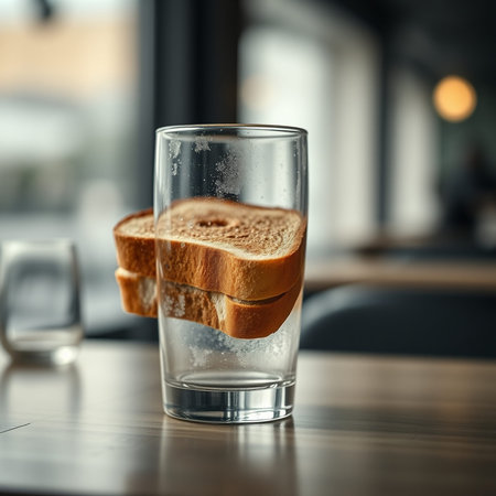 Glass of water with toast on table in cafe. Selective focus
