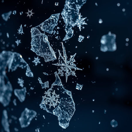 Snowflakes and ice cubes on a black background. 3d rendering