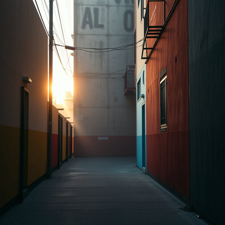 Narrow street in the old city at sunset. 3d rendering