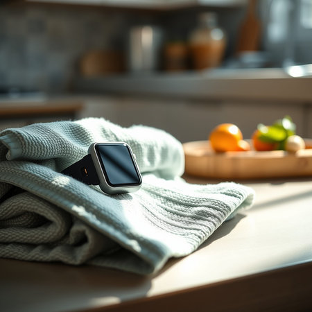 Smart watch with blank screen and towel on table in kitchen, closeup
