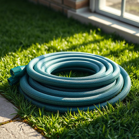 garden hose on green grass in the garden. Gardening concept