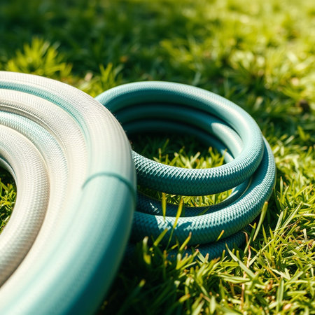 Garden hose on green grass background. Gardening equipment concept.