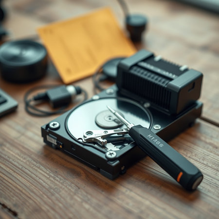 Hard disk drive and accessories on a wooden table. Selective focus.