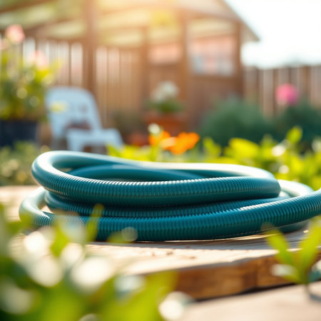 Garden hose on a wooden deck in the garden. Selective focus.