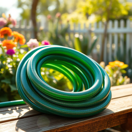 Garden hose on a wooden bench with flowers in the background.
