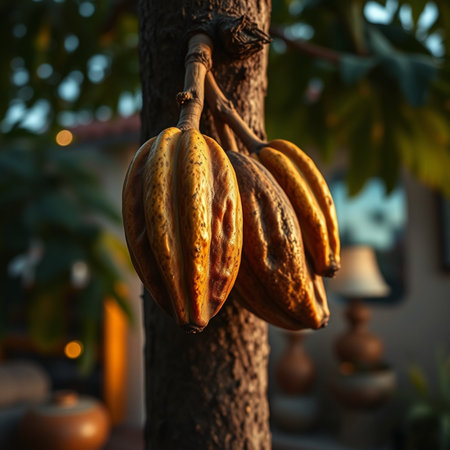 Cacao fruit hanging on the tree with bokeh background