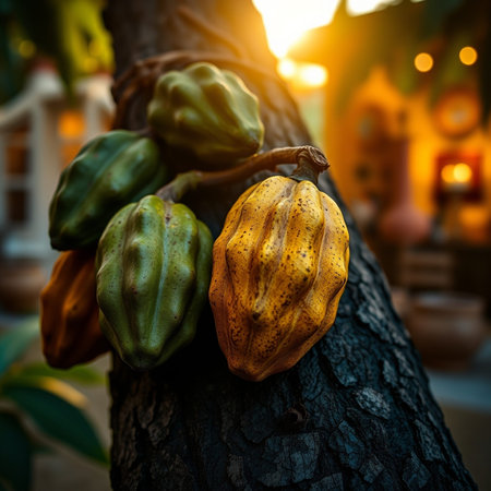 Cacao fruit on tree in the garden at sunset background.