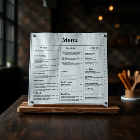 Restaurant menu mockup on a wooden table in a cafe