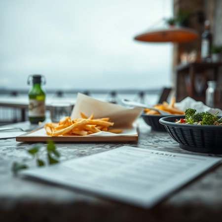 French fries in a restaurant on the background of the sea. Selective focus.
