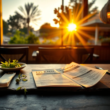 Restaurant menu with open book on wooden table at sunset.