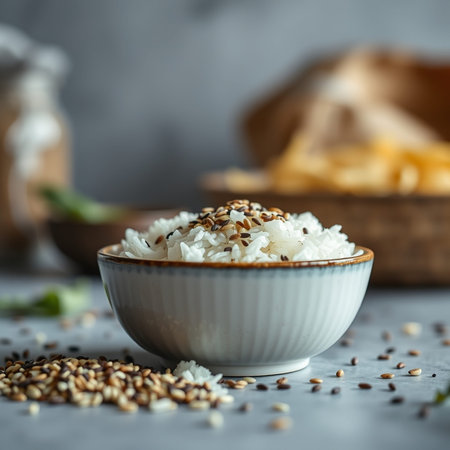 Rice with sesame seeds in a bowl, selective focus.