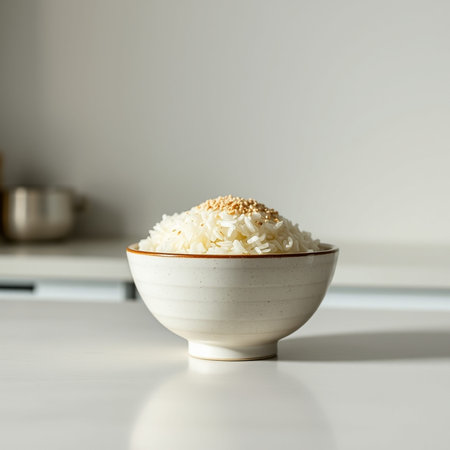 Rice in a ceramic bowl on a white table in the kitchen