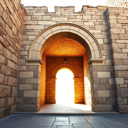 3d render of the entrance to the castle in the evening.