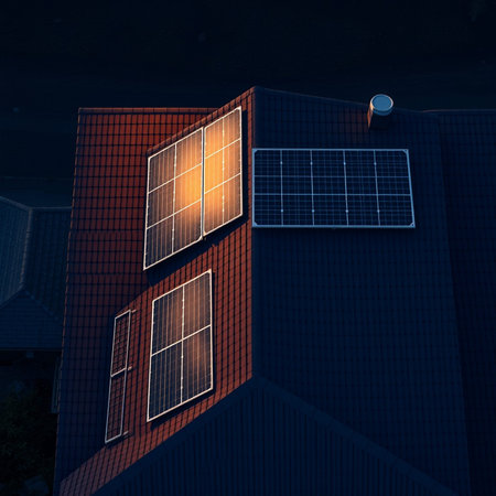 Solar panels on the roof of a residential building in the evening.