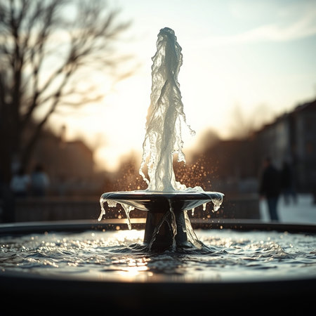 Fountain with water splashes at sunset, close-up.