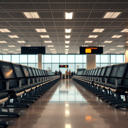 Interior of an airport terminal with rows of seats. Toned image.