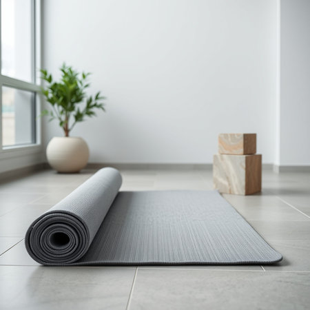 Yoga mat on floor in room, closeup. Space for text